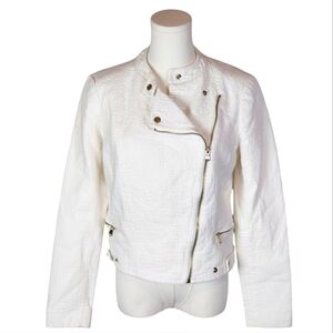 METAPHOR White Moto Jacket Asymmetrical Zip Textured Cotton Blend M